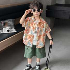 男童夏季套装儿童韩版花衬衫短裤两件套2026新款男宝宝夏天衣服潮