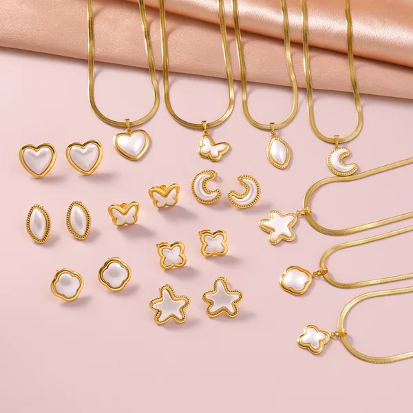 Cross-Border Pearl Gold-Tone Earring and Necklace Set, All Stainless Steel, Classic, Fashionable, Versatile, High-End Feel, Direct from the Source Factory