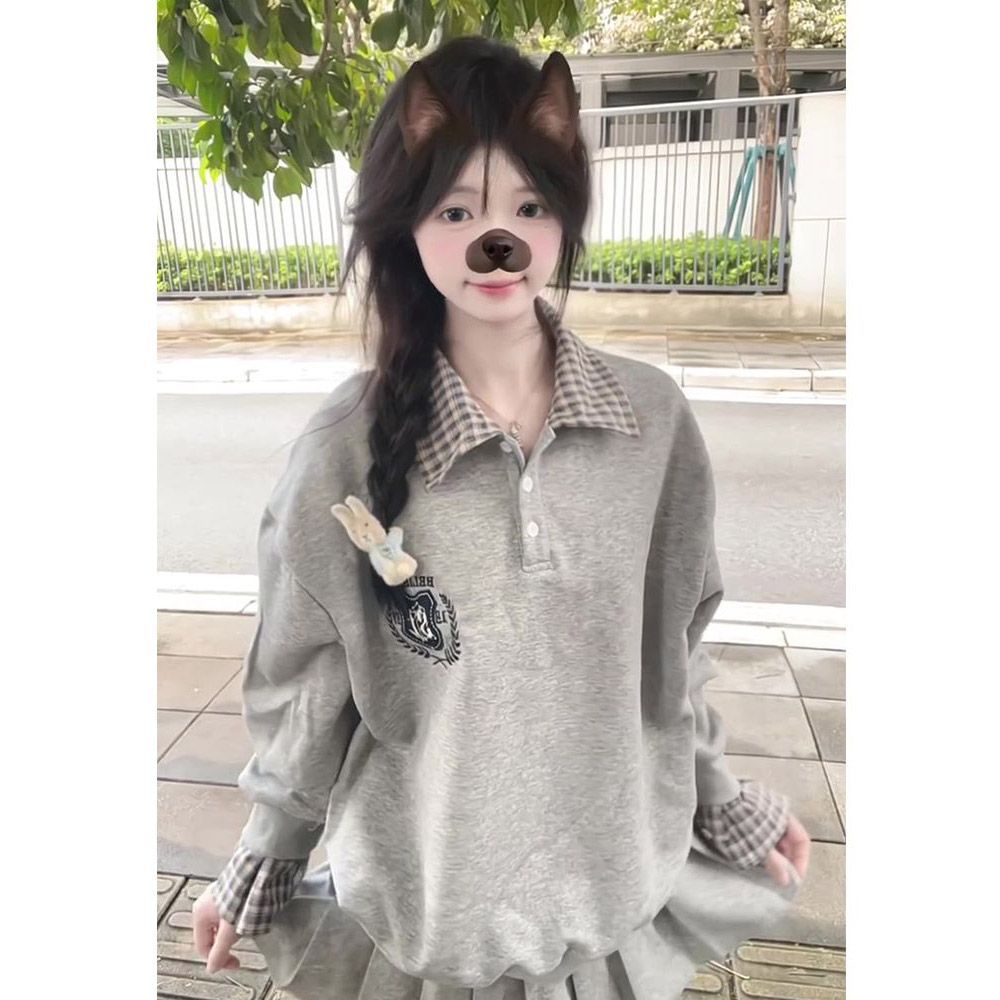 Casual Versatile Polo Collar Sweatshirt for Women, Lazy Style Loose 2025 New Embroidered Plaid Spring and Autumn Jacket Trendy