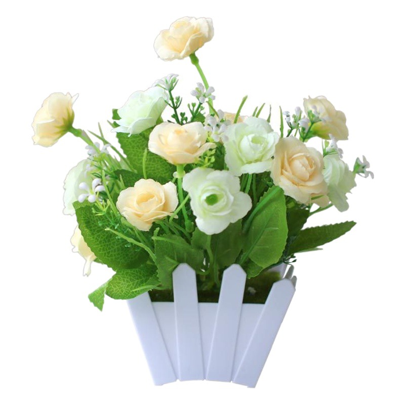 Plástico artificial flor artificial escritorio bloqueo artificial planta verde olla casa sala de estar pequeños adornos Rosa valla flor traje