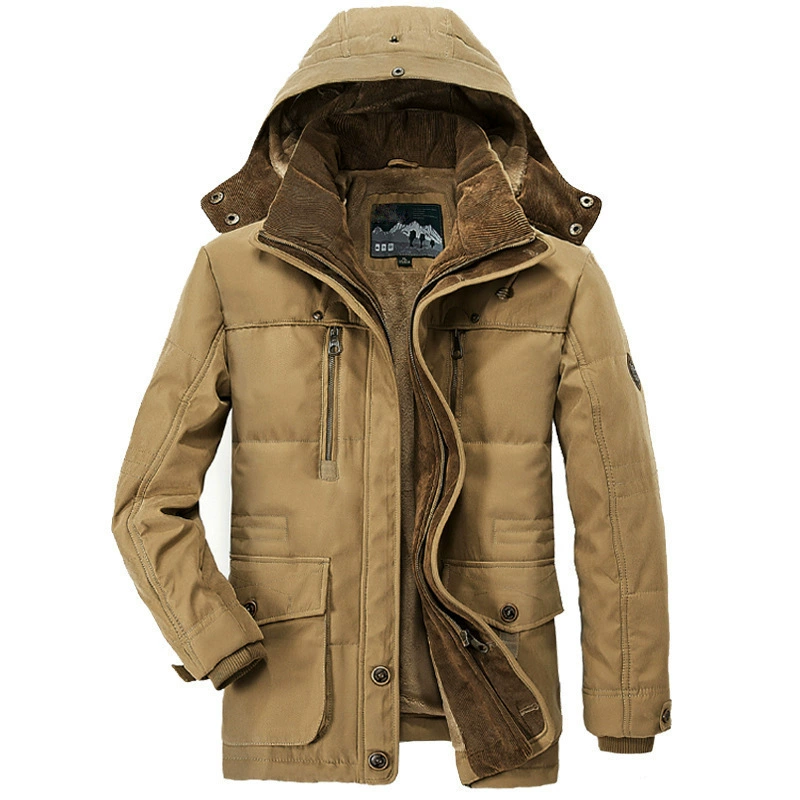 Men’s mid‑length padded winter jacket, cotton‑padded with fleece lining, hooded, plus sizes