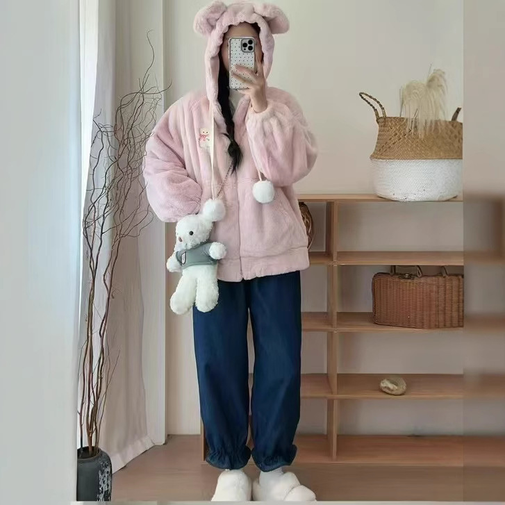 (2개) 겨울 새로운 귀여운 양고기 양모 면봉 재킷 후드 따뜻한 부드러운 왁스 코트