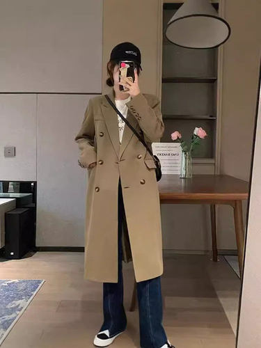 Long coat trench coat autumn double-breasted camel-colored 2025 temperament goddess style retro feeling suit 2025