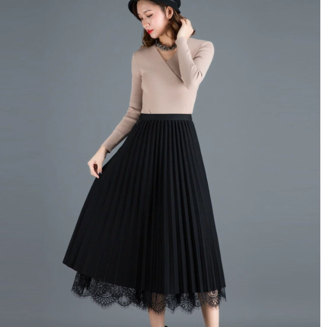 2021 Ранняя осень Юбка в Корейском стиле Новая Двусторонняя сетчатая плиссированная юбка Кружевная юбка А-силуэта миди Большая Свободная юбка