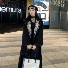 T8Y黑色国风双面羊绒大衣女2024新款斗篷型中长款赫本风羊毛呢子