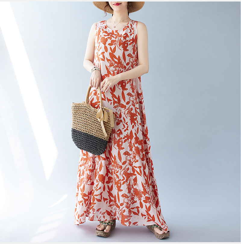 Real Shot Of The 2024 Summer New Bohemian Artistic Loose Sleeveless Round-neck Printed Mid-length Dress For Women_ecoleips.com
