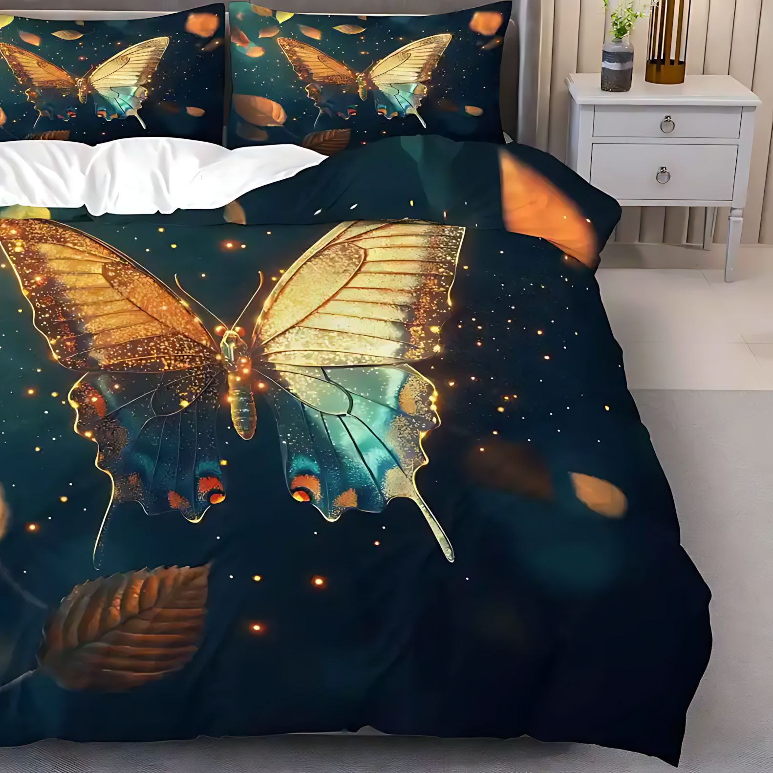 TEMU / JIT transfronterizo verde oscuro mariposa 3D molido impresión digital colcha suave set de almohada exclusivo transfronterizo