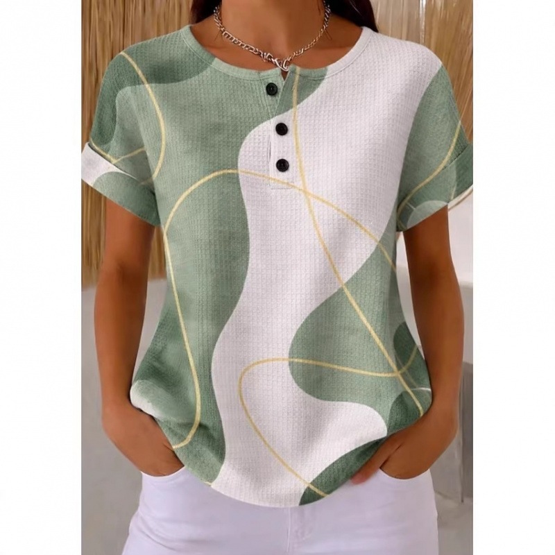 2026 New Arrival Summer Amazon Cross-Border 3D Printed Colorful Heart Wave Pattern Henley Collar T-Shirt