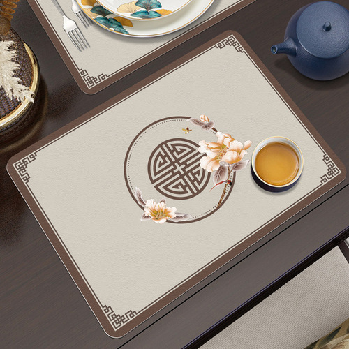 Chinese-style retro water-resistant, oil-resistant, heat-insulating table mat, PU leather table mat, washable, dustproof, rectangular table mat