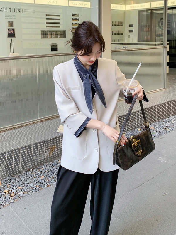 设计感牛仔拼接假两件西装外套女2025秋季新款韩系感气质超火百搭|undefined