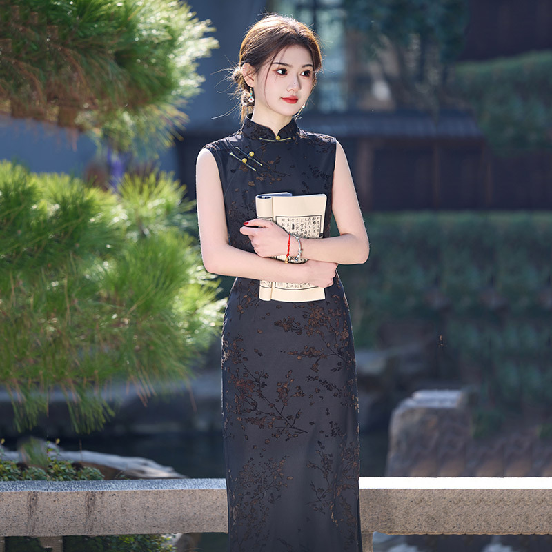Black long lightweight retro summer cheongsam sleevless