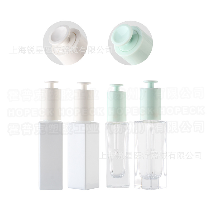 期货HOPECK18牙透明喷涂蒙砂模制厚玻璃T帽按压滴管盖分装精油瓶