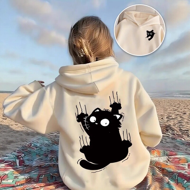 Cross-Border Temu Casual Sweatshirt with Cute Cat Pattern Printed on the Back, Round Neck, Long Sleeves, Autumn and Winter Hooded Sweatshirt