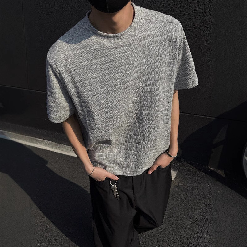 Solid Color Short Breathable Texture Blended High-grade Basic Jacquard T-shirt Men's Summer Slim-fit All-match Round Neck Half-sleeve