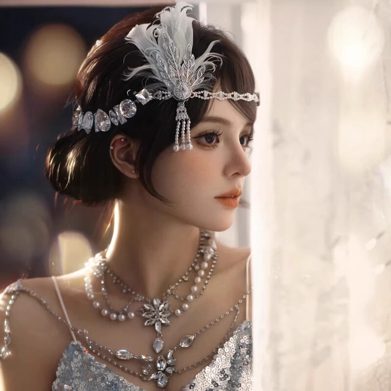 Retro Flower Beaded Feather Headband Gatsby Forehead Ornament Bridal Headdress Wedding Dress Dressing Gown Wedding Tassel Headband