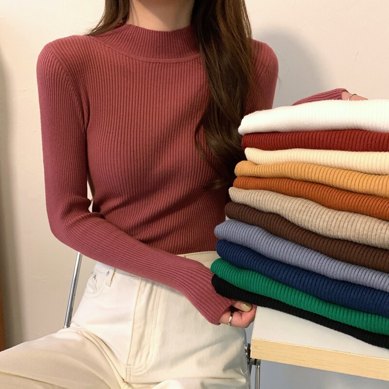 Half-High Collar Sweater for Women, Autumn and Winter New Style, Versatile, Stylish, Slim-Fitting, Close-Fitting Long-Sleeved Knitwear