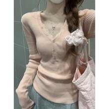 美式2025早秋韩版v领纽扣修身显瘦百搭针织衫安迪绒打底长袖上衣