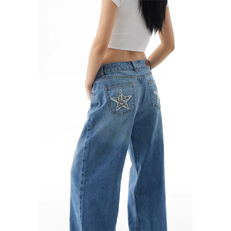 2026 Women's Jeans Spring and Autumn New Style Loose Low-Waist Casual Fashion Wide-Leg Floor-Length Pants with Star Patches on the Back 2026 Women's Jeans Spring and Autumn New Style Loose Low-Waist Casual Fashion Wide-Leg Floor-Length Pants with Star Patches on the Back