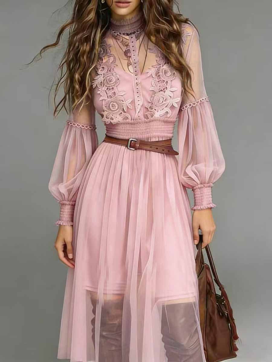 2026 European And American Cross-border Independent Site Western Resort Sheer Lantern Sleeve Lace Appliqué Mesh_ecoleips.com