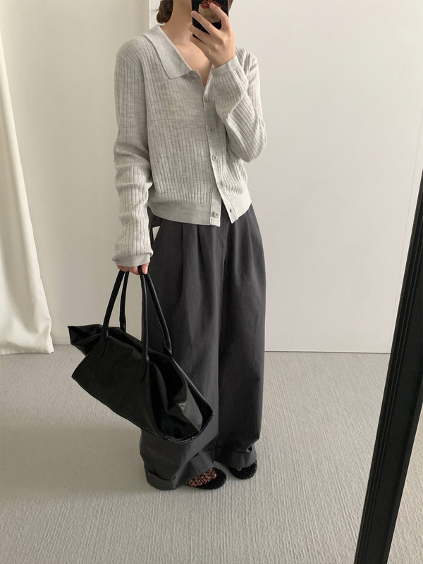 TG 简约休闲翻领针织系扣开衫女2025秋季新款坑条百搭毛衣25717|undefined