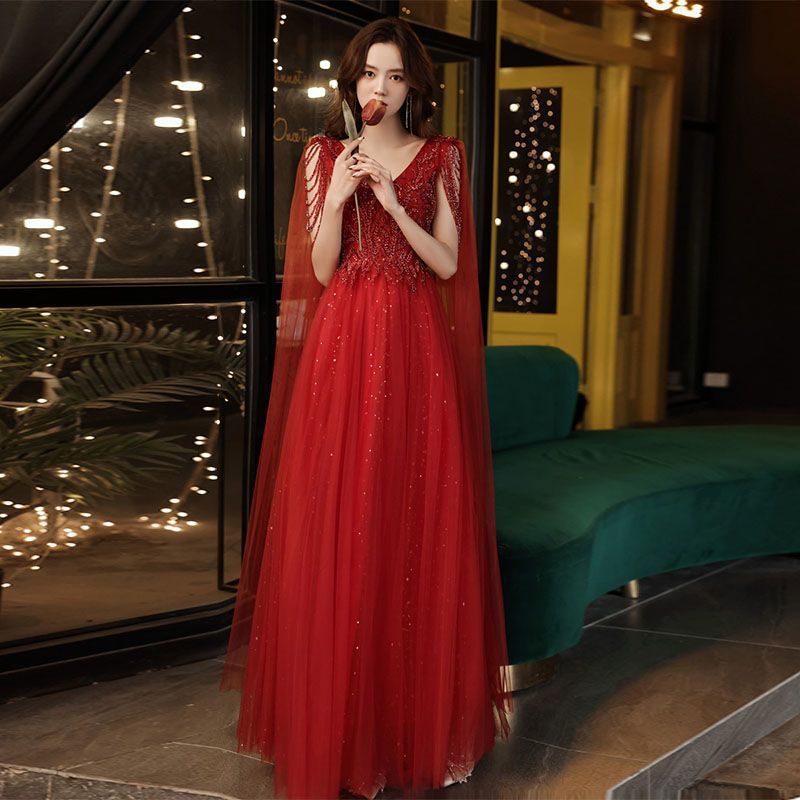 Red Toast Dress, Bride Evening Gown, 2026 New Style, Engagement Dress for Socialite Women, Elegant Dress, Banquet Fashion Dress