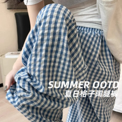 女性用ブルーチェック柄ワイドレッグパンツ、秋用薄手カジュアルパンツ、小柄な女性向け、ゆったりとしたレイジーハイウエスト痩身山本パンツ