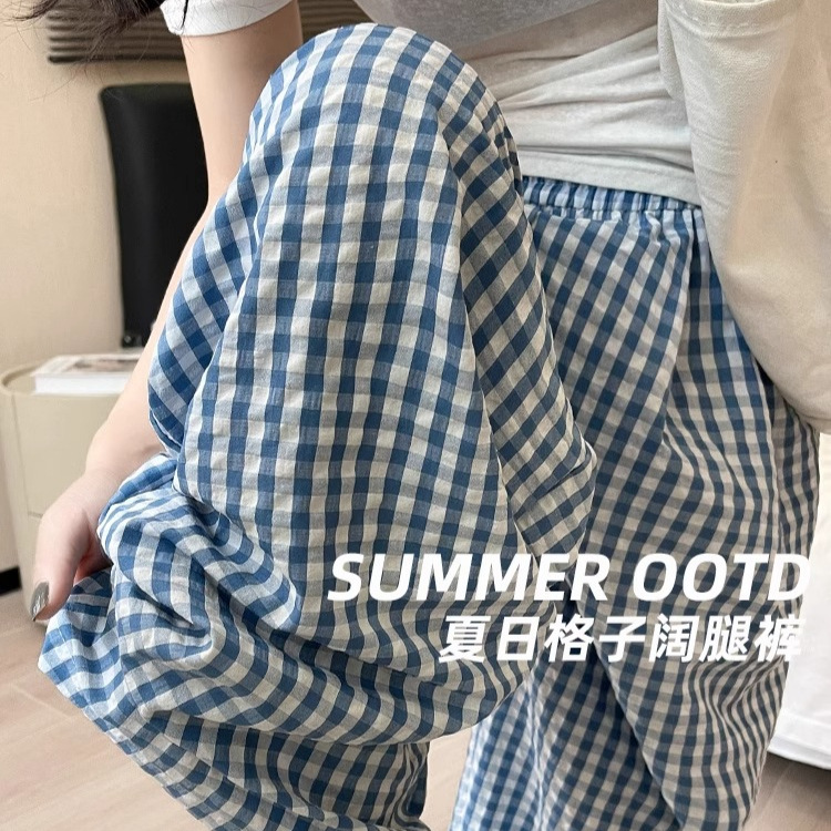 Blue Plaid Wide-Leg Pants for Women, Autumn Thin Style, Petite Casual Pants, Loose and Relaxed High-Waisted Slimming Yamamoto Pants