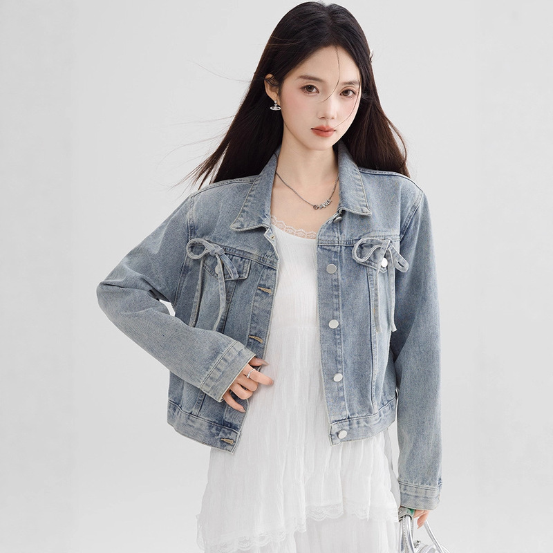 美式浅蓝色牛仔短外套女2025春秋款设计感蝴蝶结系带百搭上衣夹克|undefined