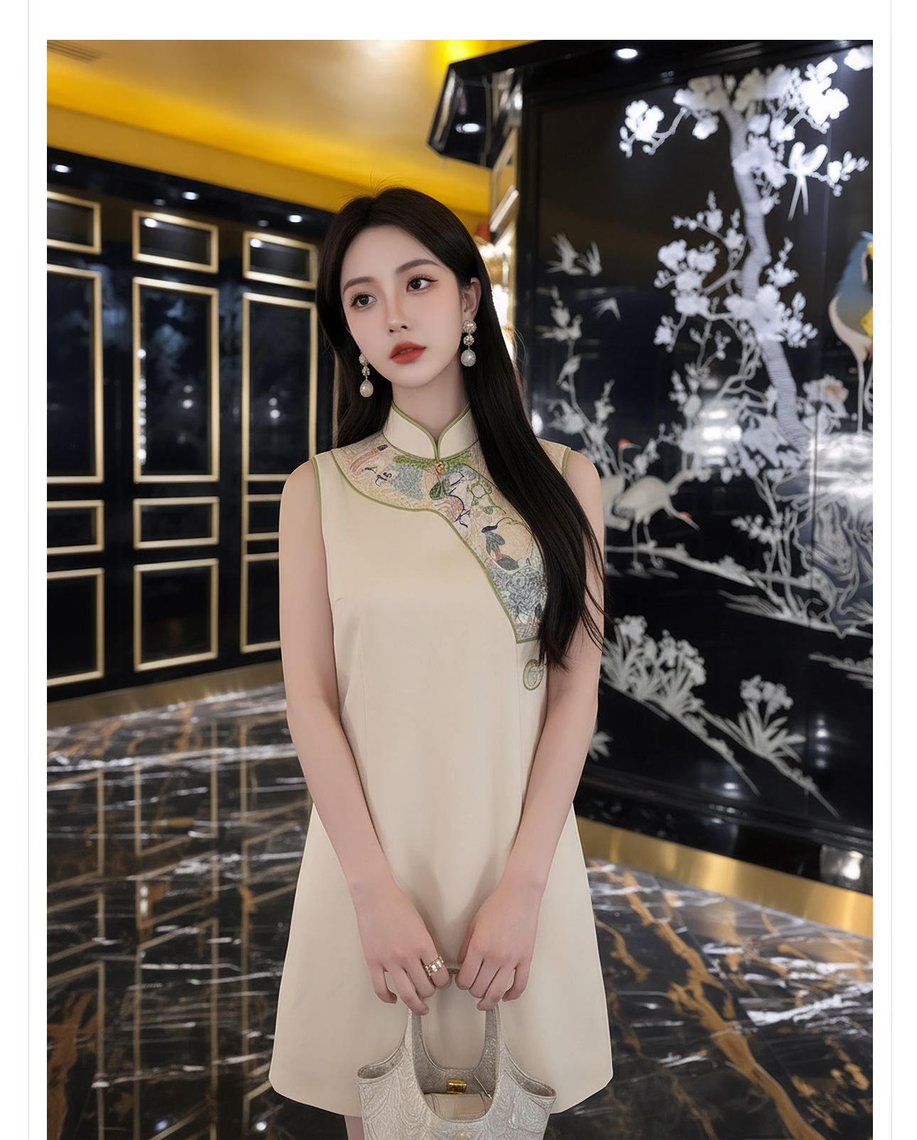 Đầm suông nữ midi phong cách quốc phong, tay không, thêu họa tiết — màu mơ chi tiết 13