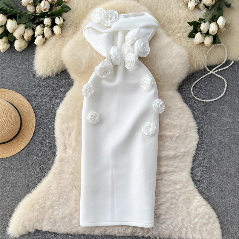 Cross-Border Strapless Dress for Women, European and American High-End Socialite, Heavy Craftsmanship, Three-Dimensional Floral Design, Sleeveless, Waist-Cinching, Slimming, Elegant, Body-Hugging