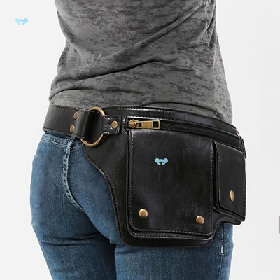 Black Punk Motorcycle Style Waist Bag with Adjustable Belt&
