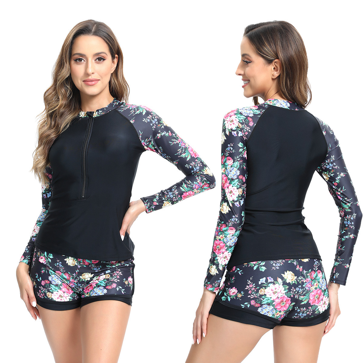New Amazon Swimsuit Split Long Sleeve Conservative Print Belly Covering High Elastic Surf Suit European and American Swimsuit Women