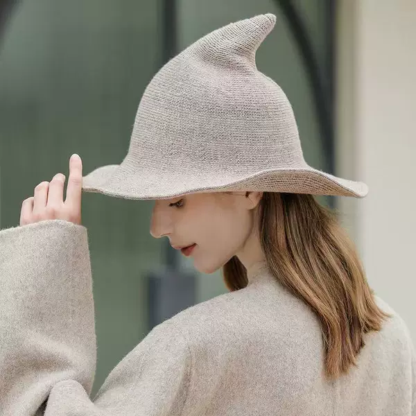 Halloween Witch Hat, Pointed Top Hat, Large Brimmed Hat, Korean Style Knitted Wizard Hat, Fisherman Hat