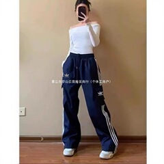 三条杠运动休闲裤女2025年宽松直筒高腰套里阔腿工装裤潮复古风薄