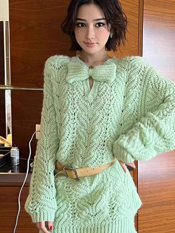 绿色蝴蝶结镂空粗线套头毛衣女秋季2025新款宽松慵懒风软糯针织衫|undefined