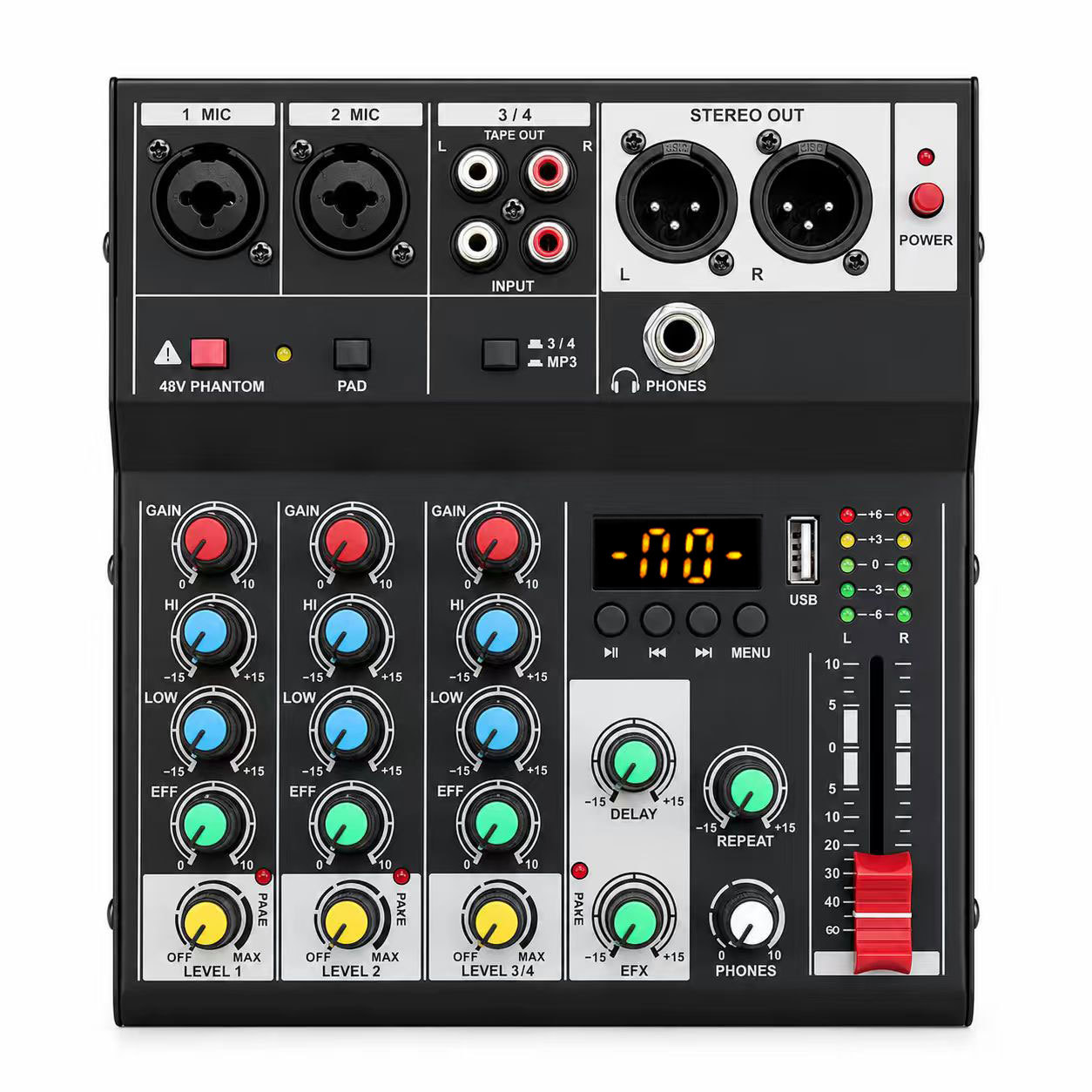 Mini Mezclador de Audio de 4 Canales con Bluetooth, USB, Eco y MP3 para Computadora