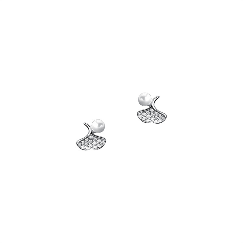 S999 pure silver studded with diamonds, ginkgo leaves, pearls, earrings, women's simple, fresh, light luxury_voghion.com