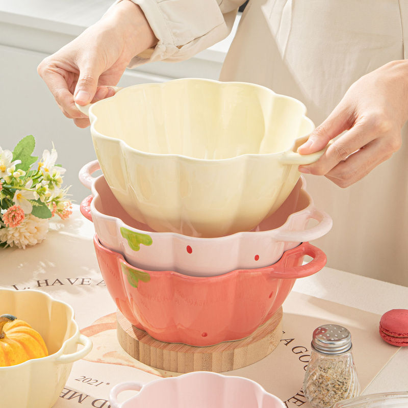 Double-Eared Soup Bowl Ceramic Noodle Bowl for Home Use, Large Capacity Strawberry Instant Noodle Bowl, Ins-Style Soup Basin, Large Bowl for Snail Noodle Soup