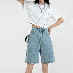 Summer 2024 New Retro Denim Shorts Women's High Waist Straight Pants Slimming All-match Wide Leg Mid-length Pants Craze
