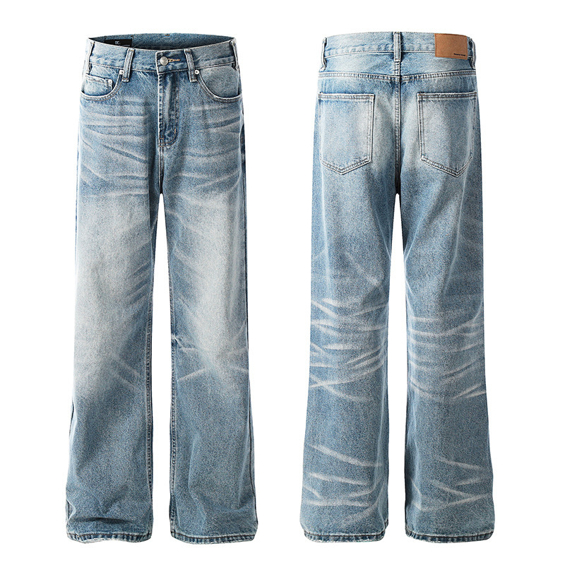 Tuochuan Fx067 American High Street Retro Washed Whiskered Blue Straight Wide-Leg Versatile Unisex Jeans Trendy Tuochuan Fx067 American High Street Retro Washed Whiskered Blue Straight Wide-Leg Versatile Unisex Jeans Trendy