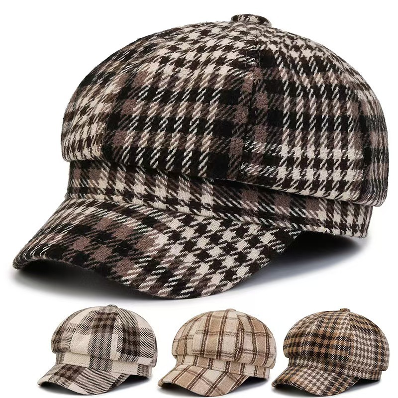 Dame baret med tern britisk stil efterår vinter retro hat_voghion.com