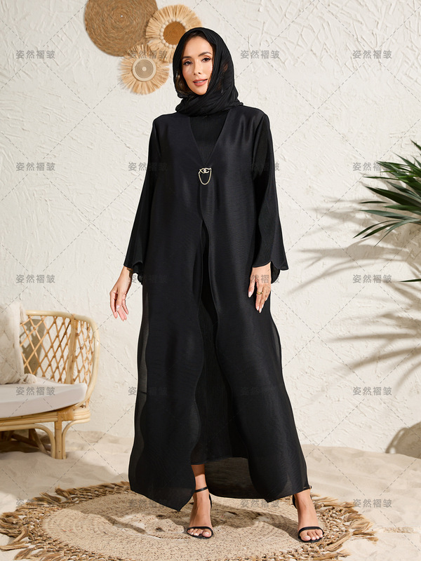 中东跨境时尚套装大码女装三宅褶皱两件套披风连衣裙阿拉伯阿巴亚|undefined