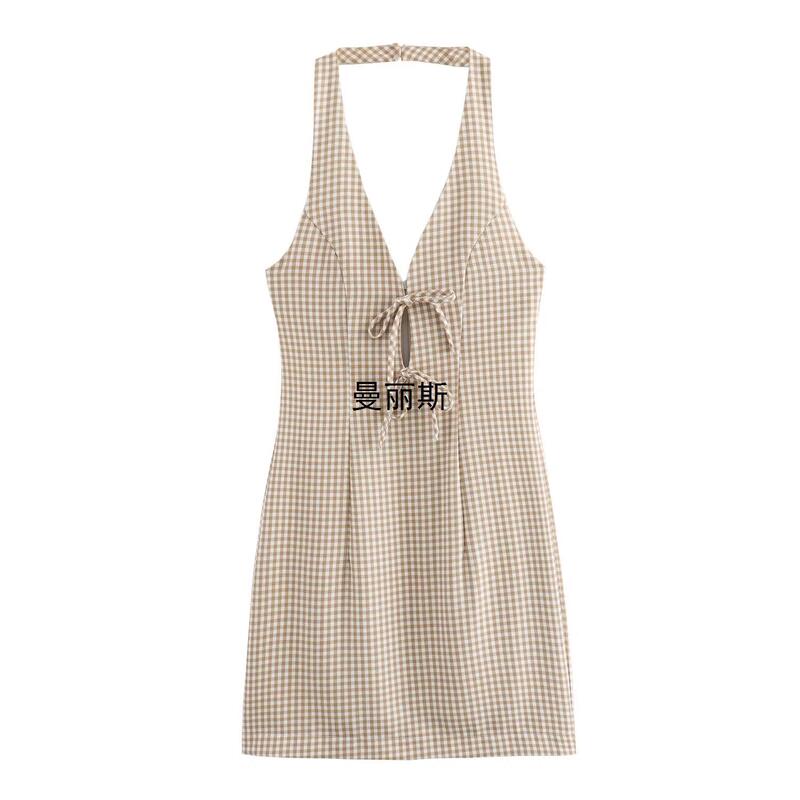 Foreign trade cross-border wholesale Europe and the United States 2024 summer new women's close-fitting backless neck check strap dress