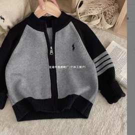 男童秋冬针织外套韩版新款撞色刺绣时尚上衣加厚保暖拉链儿童毛衣