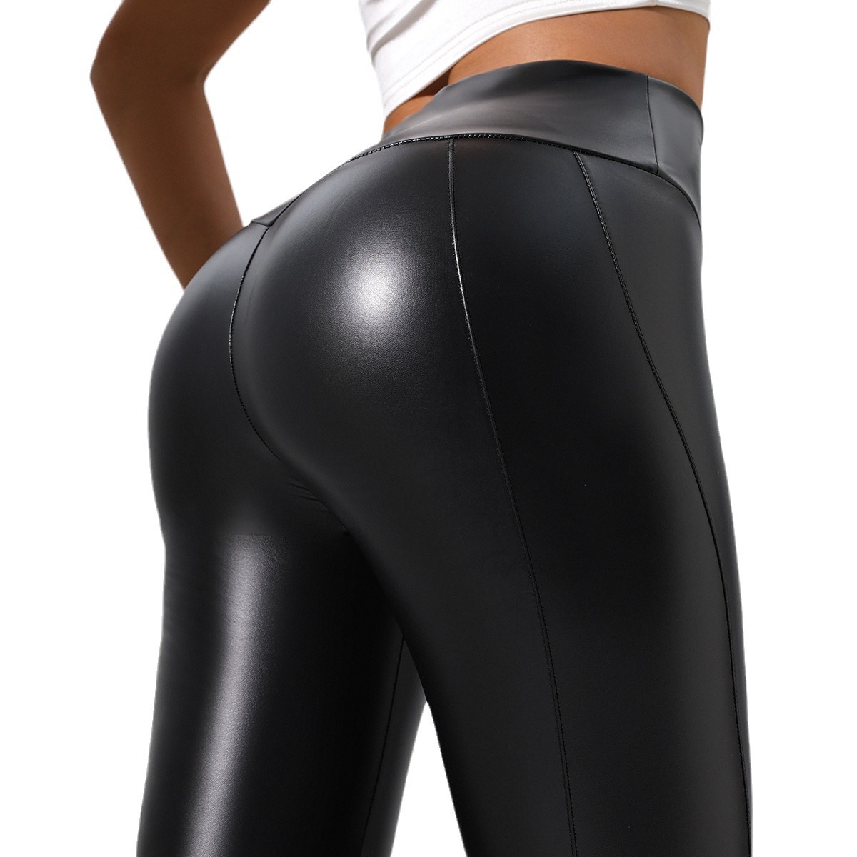 Spot nuevos pantalones de cuero de PU transfronterizos europeos y americanos de alta elasticidad, pantalones ajustados negros brillantes de color sólido, pantalones de yoga de fitness para correr