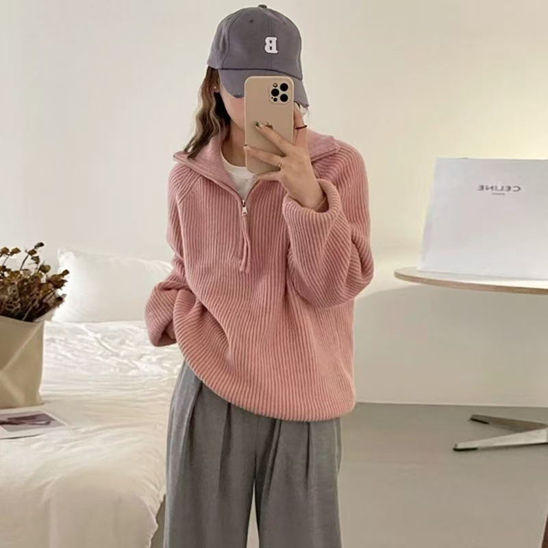 半拉链高领毛衣女秋冬季宽松韩版慵懒风外穿套衫软糯针织衫上衣女|undefined