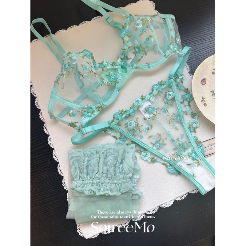 Verano super hermoso bordado dulce sexy malla sujetador conjunto de flores frescas de la niña pura ropa interior de la mujer