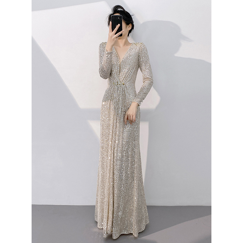 Silver Evening Gown New Style Long Sleeve Slim Fit Luxurious Sequins For Annual Meeting Host Art Exam Women's Party Wear_ecoleips.com