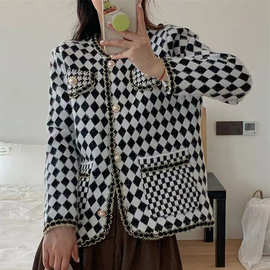 小香风千鸟格仿水貂绒针织开衫女2024秋冬新款高级感气质毛衣外套