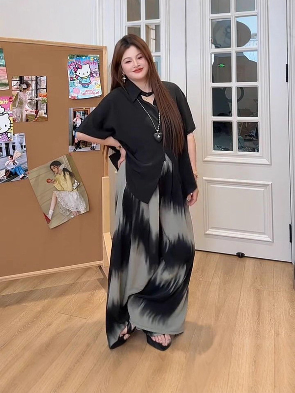 韩系设计感短袖衬衫+晕染裤裙两件套女大码新款休闲宽松时尚套装|undefined